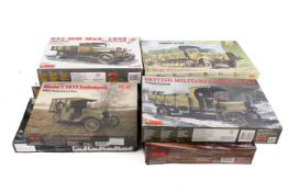 A collection of assorted plastic model maker's kits, mostly military vehicles, all boxed.