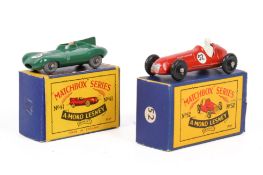 Two Moko Lesney Matchbox diecast racing cars. Comprising a No.
