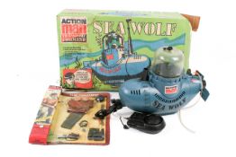 Palitoy Action Man - Sea Wolf submarine, boxed and carded Tank Commander unifom set.