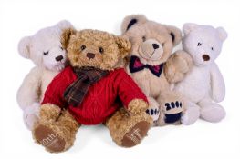 A group of four assorted modern teddy bears. Including a Harrods 2005 bear and others.