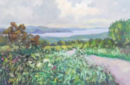 Bob Vigg (1932-2001), oil on canvas, a wide landscape with water in the distance.