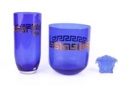 Two Versace, Rosenthal cobalt blue vases with gilt pattern and Medusa decoration.