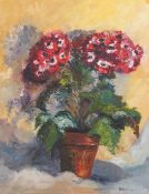 Elaine Cooke, oil on board, a potted flowering plant. Signed lower right, 44cm x 34cm, framed 81.