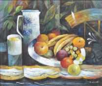 OIl on canvas, still life of fruit and a blue and white jug. SIgned lower right T? WIlla, 49.
