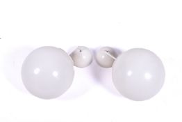 A pair of Marlin pendant globe lights with metal semi-spherical ceiling rose. Drop circa 55cm.