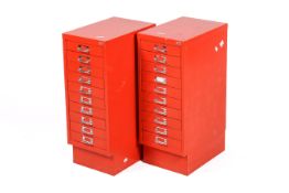 A pair of Ryman red metal multi-drawer files.