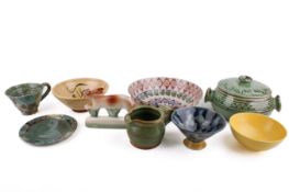 A collection of 20th century studio pottery along with a porcelain hare figure by Rye Pottery.
