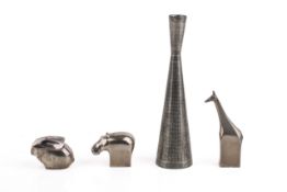 Three Dansk animal paperweights and a Selangor pewter bud vase.
