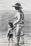 John Reay (20th century), charcoal on paper, drawing of a mother and child on the beach.