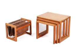 A Danish mid-century teak nest of tables by Salin Mobler and a teak magazine rack with suede lining.