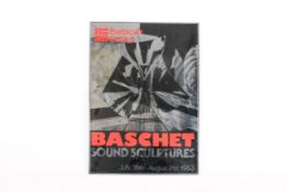Metallic advertising poster for 'Baschet Sound Sculptures' exhibition at the Barbican Centre.