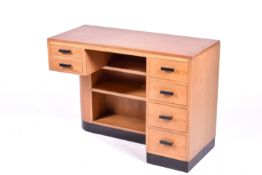 A vintage oak twin pedestal asymmetric desk.