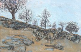 Bernard Rooke (British, born 1938), oil paint and collage on paper, 'Illworth Trees'.