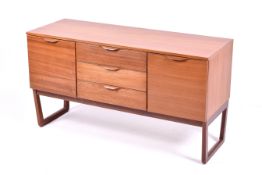 A British, mid-century low teak sideboard with sled leg supports.