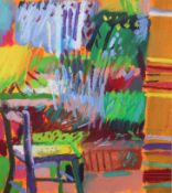 Pauline Vincent (British, born 1980), oil on paper on board, 'Chair in Garden'. 25.3cm x 22.