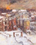 Ronald Olley (British, 1923-2017), oil on canvas, a snowy view of buildings.