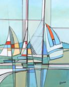 L Barker, oil on board, geometric boats. Signed lower right, 84cm x 51.5cm, framed 73cm x 60.5cm.