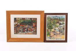 Elaine Crooke, oil on board, two village scenes.