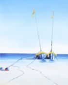 An oil painting of two boats on a beach. Signed Martin D..