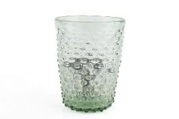 A contemporary hand blown, pale green glass vase with textured bubble effect. H24cm x 19cm diameter.
