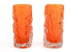 A pair of 20th century Whitefriars tangerine textured, bark glass vases.