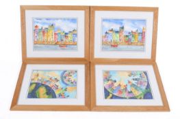 A Walton, four watercolour paintings of colourful buildings.