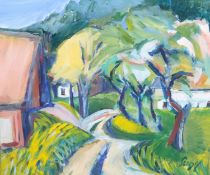 Suzy Distillard?, acrylic on canvas, garden scene.