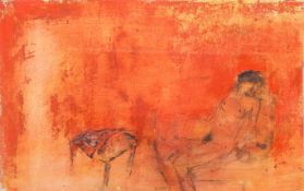 Nicole Bottet (French, born 1942), paint on paper, nude against a red ground.