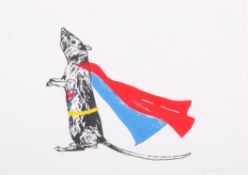 A linocut of a rat in a Superman outfit.