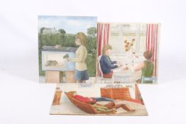 Frances Farrer, three oils on board, figural scenes. Two signed, titled and dated 1975, largest 58.
