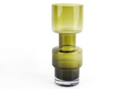 A Nordic, Riihimaki, Riihimaen Lasi olive green glass vase of cylindrical stepped form.