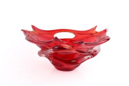 A large retro, stylised Murano style red glass bowl. With lobed edged and 'pierced' rim.