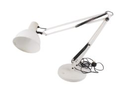 A retro, white adjustable anglepoise lamp on a heavy base. Springs hold in place.