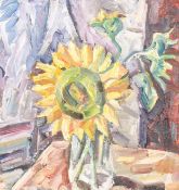 Colin Breck Bordman, oil on canvas, sunflowers in a glass jar. Signed lower right, 45.5cm x 42.
