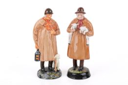 Two Royal Doulton shepherd and lambing time figures, depicting shepherd and shepherdess with lambs.