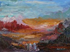 Elaine Crooke, oil on board, figures before a colourful landscape.