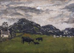 After John Kyffin Williams, oil on canvas board, cows grazing beneath the hills.
