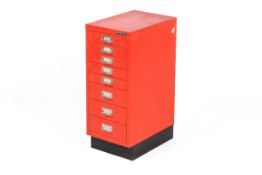 Bisley red painted metal eight drawer filing cabinet.