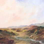 Raymond Chad, oil on board, stream running through a rocky landscape. Signed lower left, 58.