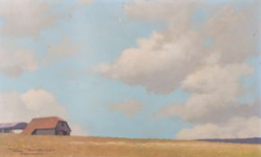 Roy Nockolds (1911-1979), oil on board, barns in a corn field. Signed lower right, 22.5cm x 37.