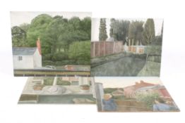 Frances Farrer, four oils on board, garden scenes.