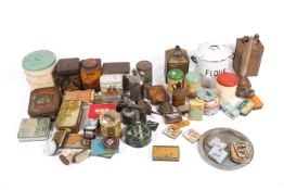 Two boxes of assorted vintage and modern advertising packaging tins, etc.