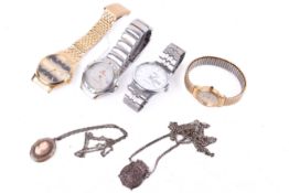 Four costume wristwatches and two pendants.