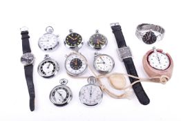 A collection of twelve assorted pocket watches, stopwatches and wristwatches.