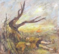 Ronald Olley (British, 1923-2017), oil on canvas, figures lying beneath a bare tree.