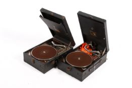 Two 'His Master's Voice' No. 4 portable wind-up gramophones. With winding handles.