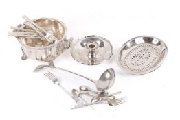 Collection of assorted silver plate. Including a chamber stick, some cutlery, etc.