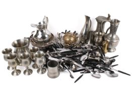 A collection of assorted pewter and other metalware items. Including cutlery, etc.