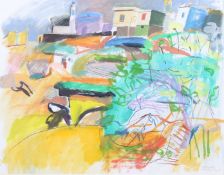 Pauline Vincent (British, born 1980), mixed media on paper, colourful houses and vegetation.