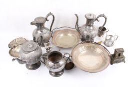 Box of assorted silver plated items. Including a four piece tea set, dishes, etc.